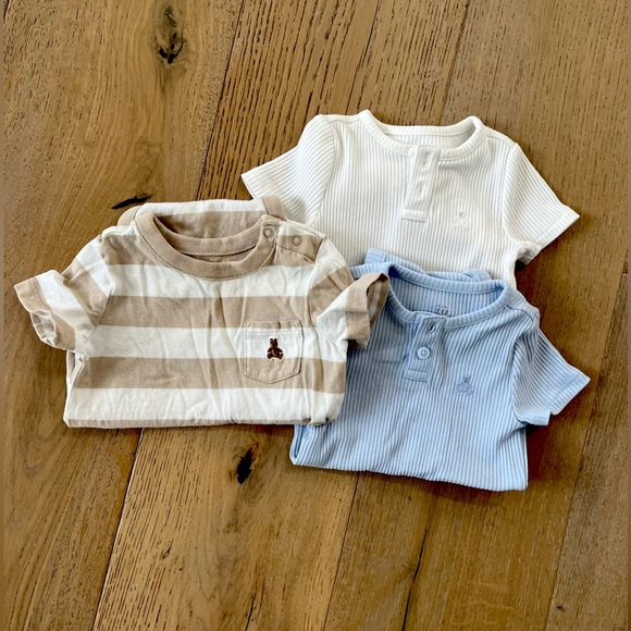 Baby Gap 0-3 month Onsie short sleeve branan bear Tan Stripe Blue Ribbed Neutral - Picture 1 of 10